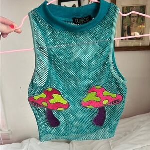Teal Mesh Crop Top with Mushroom Patches